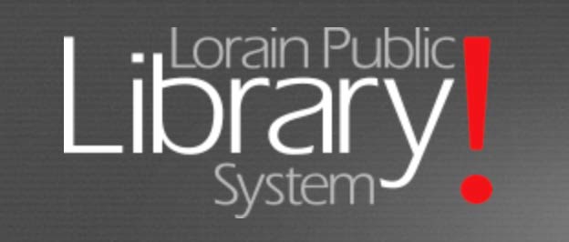 A black and white logo for the lorain public library system.