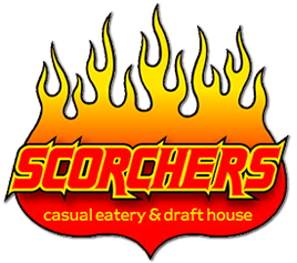 A logo of scorchers casual eatery and draft house.