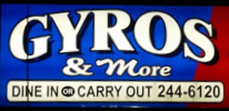 A sign for gyro and more or carry out 2 4 hours.
