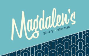 A blue and white logo for magdalen 's gallery.