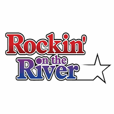 A red white and blue star with the words " rockin ' on the river ".