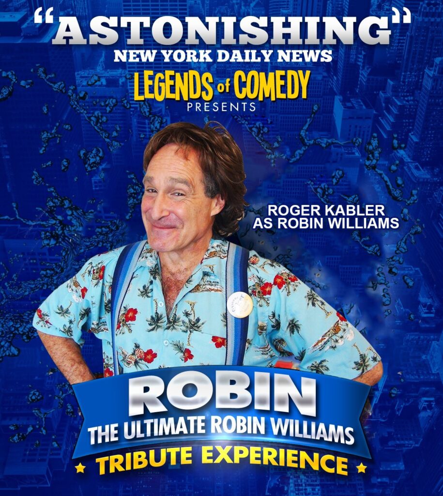 A poster of robin williams in front of a blue background.